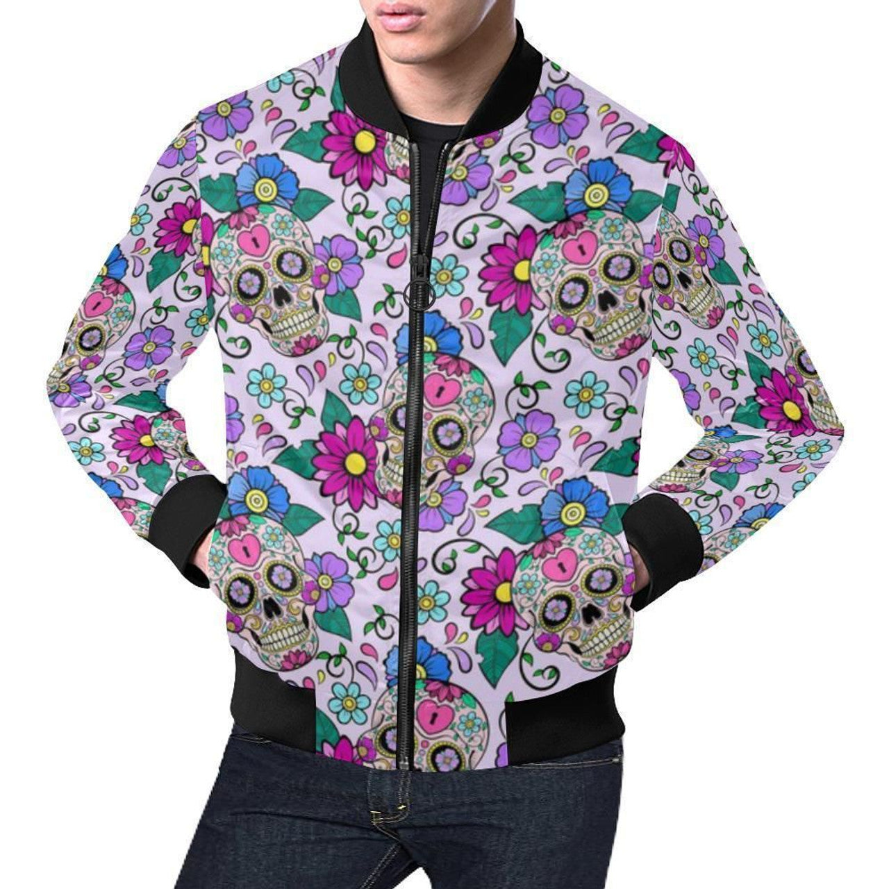 FUNSTUFFPRINT Sugar Skull Skeleton Girly Floral Pattern Print Mens 3D Bomber Jacket