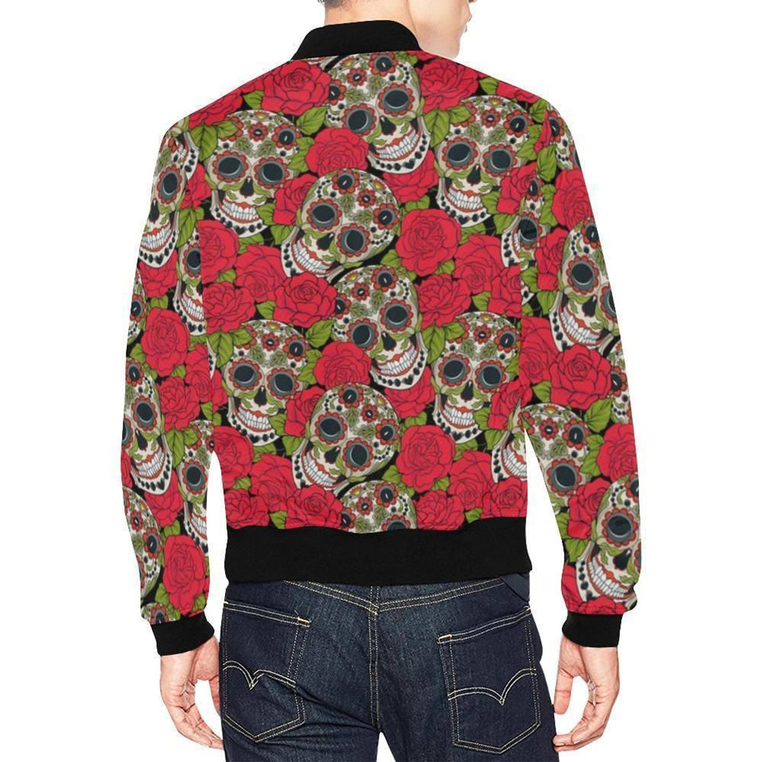 FUNSTUFFPRINT Sugar Skull Skeleton Girly Floral Rose Pattern Print Mens 3D Bomber Jacket