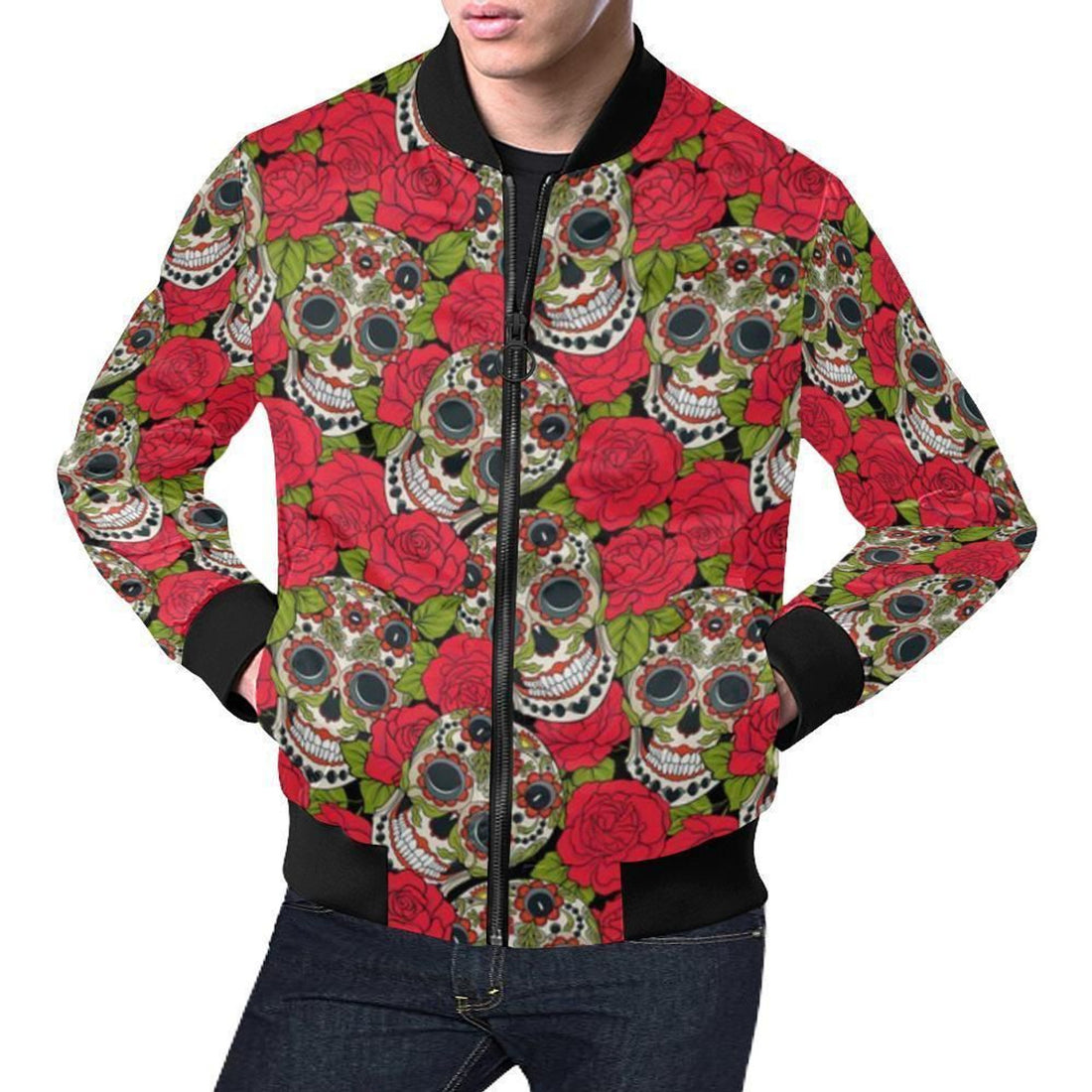 FUNSTUFFPRINT Sugar Skull Skeleton Girly Floral Rose Pattern Print Mens 3D Bomber Jacket