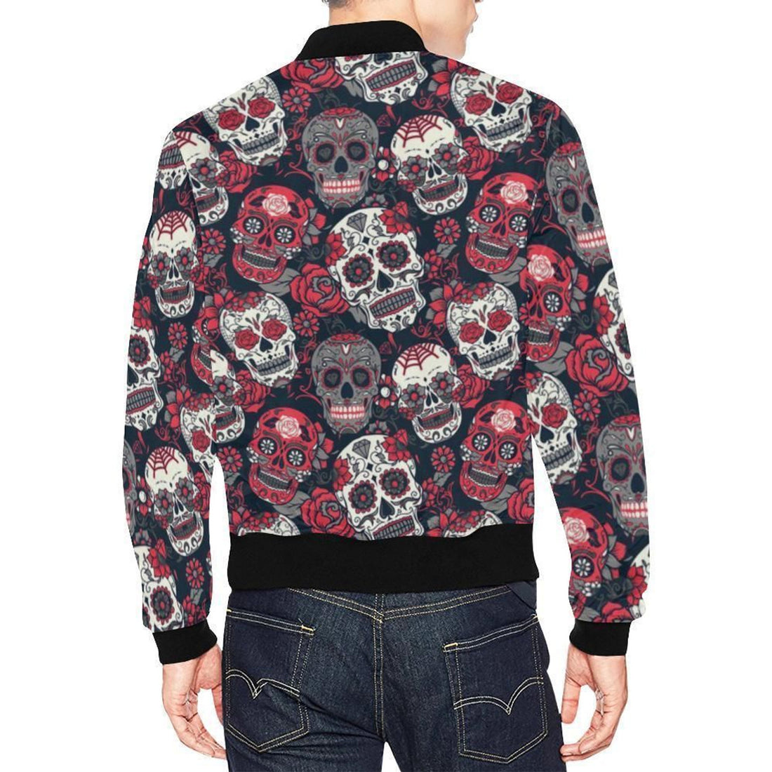 FUNSTUFFPRINT Sugar Skull Skeleton Girly Rose Floral Pattern Print Mens 3D Bomber Jacket