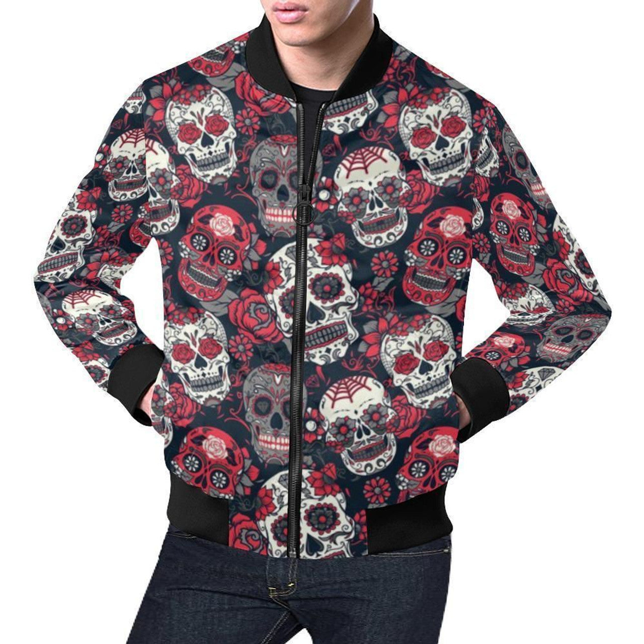 FUNSTUFFPRINT Sugar Skull Skeleton Girly Rose Floral Pattern Print Mens 3D Bomber Jacket