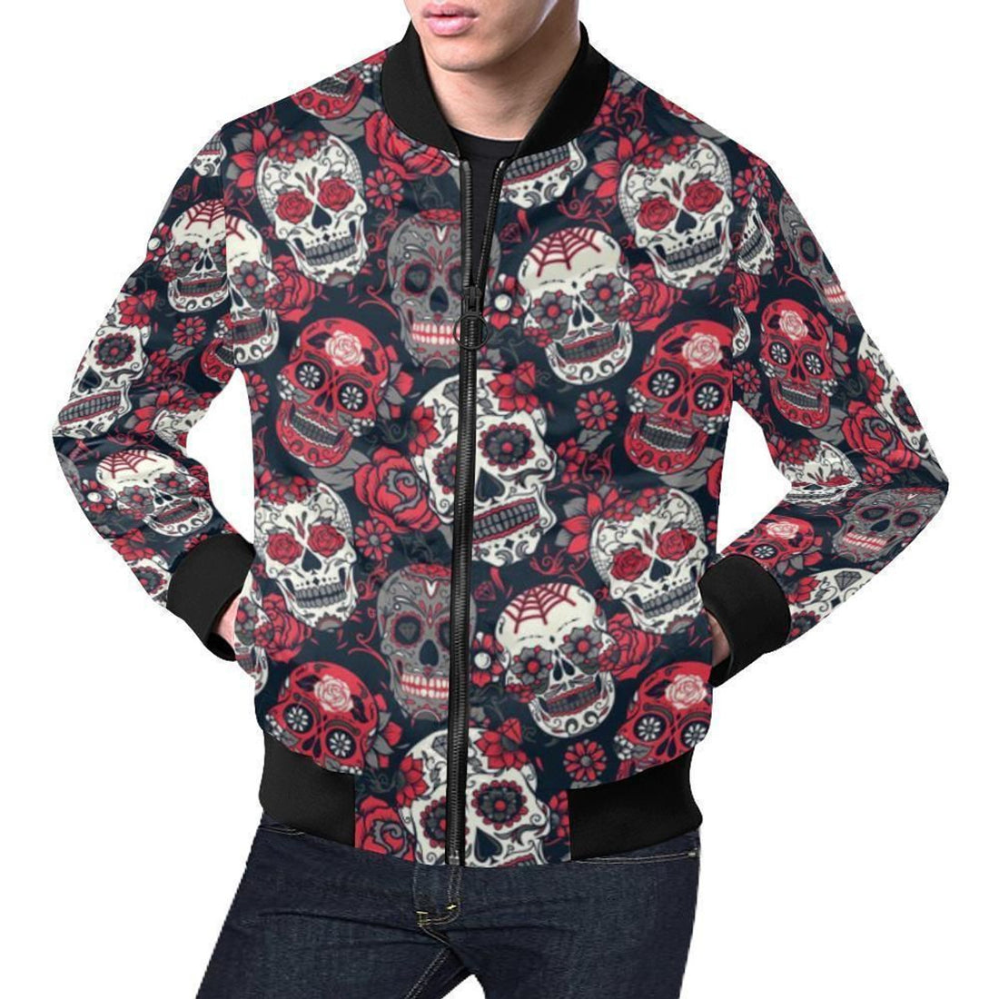 FUNSTUFFPRINT Sugar Skull Skeleton Girly Rose Floral Pattern Print Mens 3D Bomber Jacket