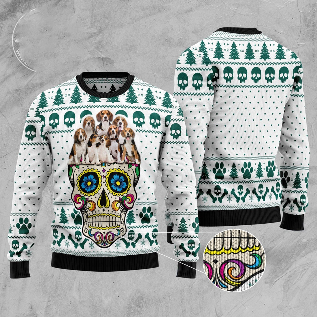 FUNSTUFFPRINT Sugar Skull Beagles Ugly Christmas Sweater, Christmas Sweater, Ugly Sweater, Funny Xmas Sweaters Ugly Sweater