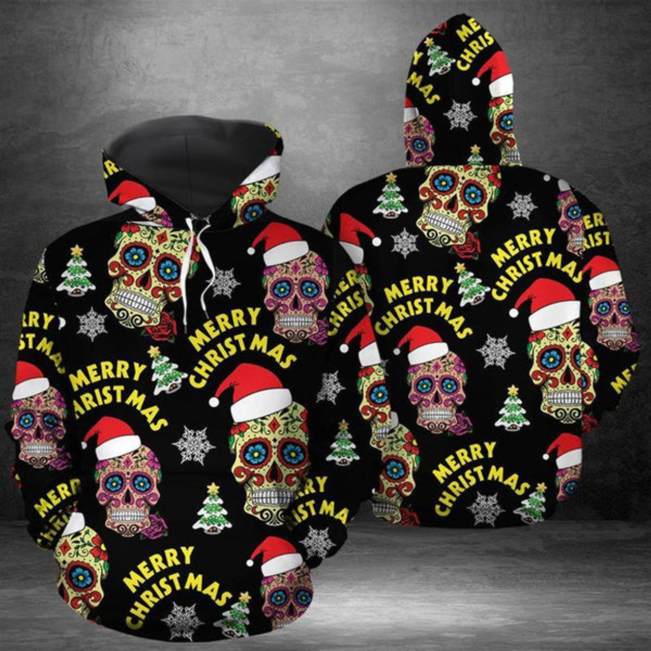 FUNSTUFFPRINT 3D Sugar Skull Merry Christmas All Over 3D Hoodie and Zip Hoodie