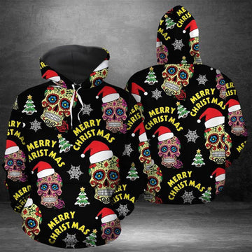 FUNSTUFFPRINT 3D Sugar Skull Merry Christmas All Over 3D Hoodie and Zip Hoodie