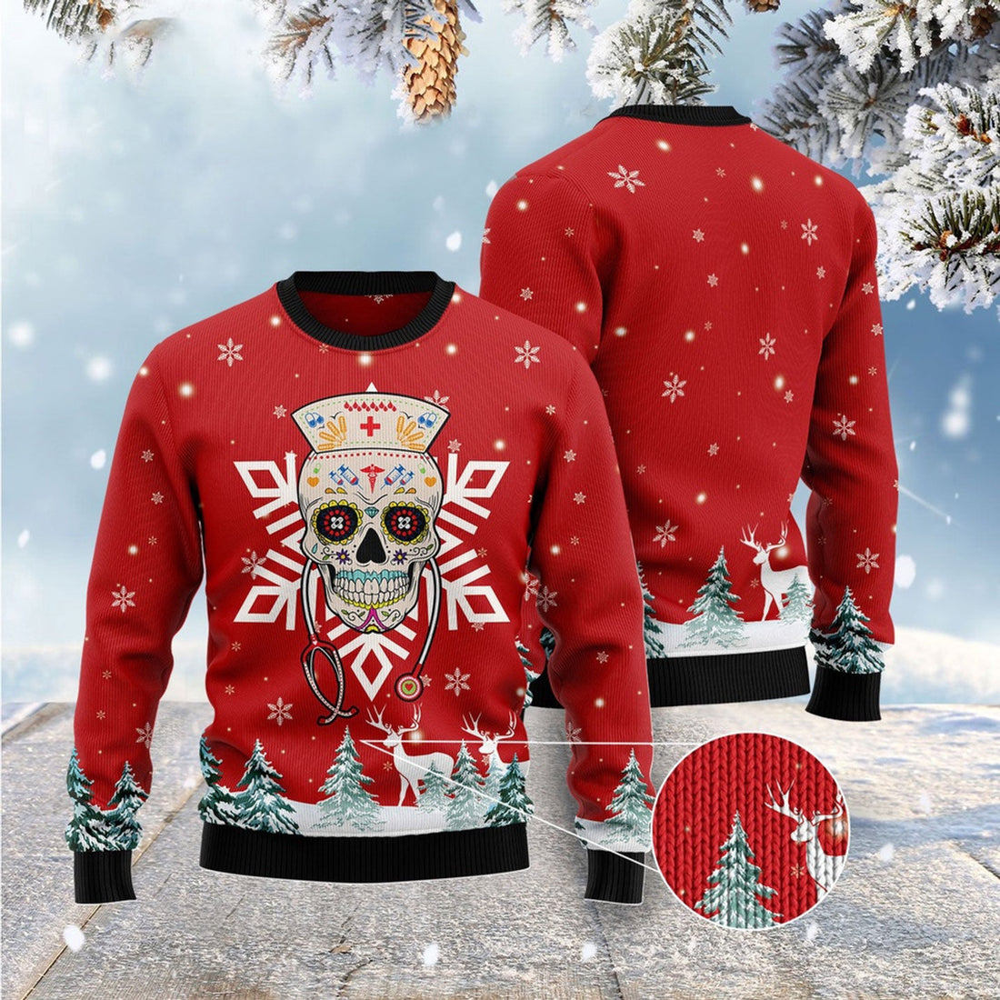 FUNSTUFFPRINT Sugar Skull Nurse Ugly Christmas Sweater, Christmas Sweater, Ugly Sweater, Funny Xmas Sweaters Ugly Sweater