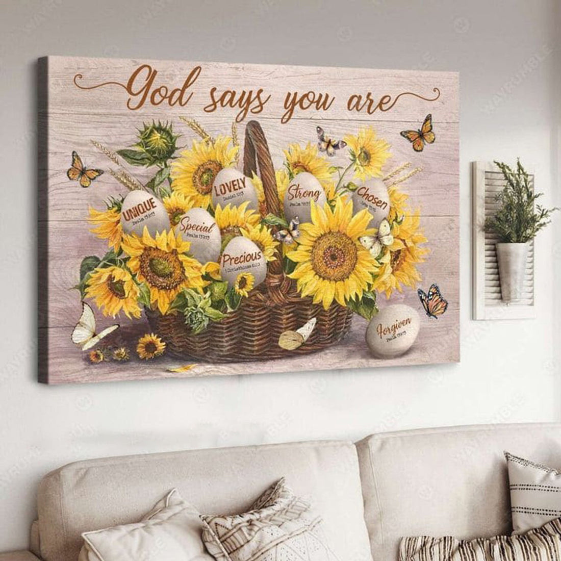 Sunflower Poster, Butterfly Flower, God Says You Are Unique Special Lovely Strong Chosen Poster and Canvas