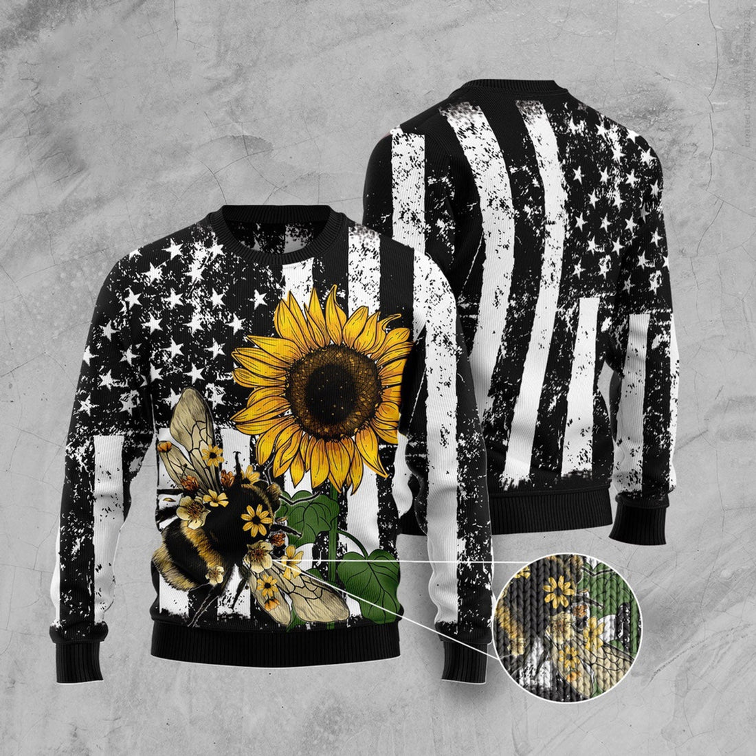 FUNSTUFFPRINT Sunflower Bee Ugly Christmas Sweater, Christmas Sweater, Ugly Sweater, Funny Xmas Sweaters Ugly Sweater