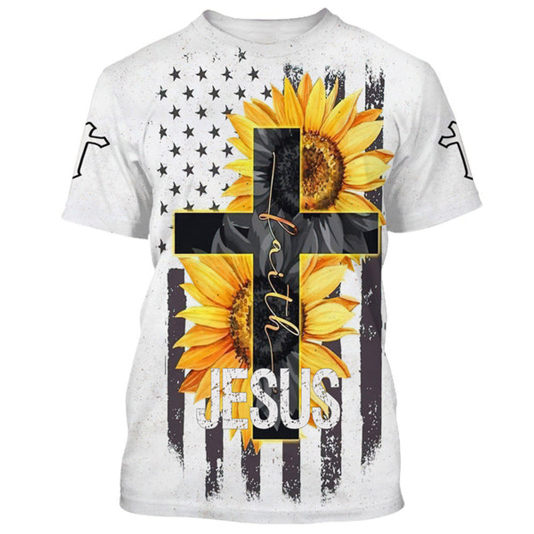 FUNSTUFFPRINT Sunflower Faith Cross Christian 3D T-shirt