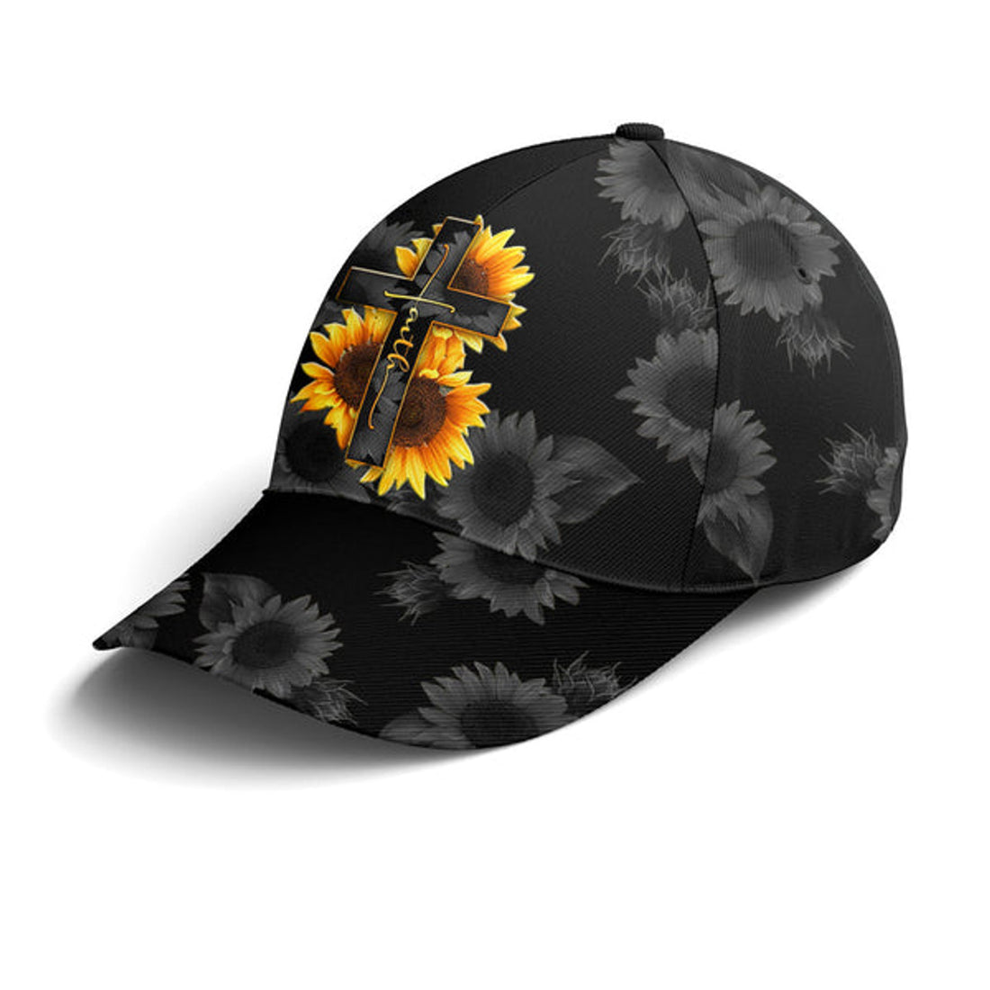 FUNSTUFFPRINT Sunflower Faith Floral Black Baseball Cap