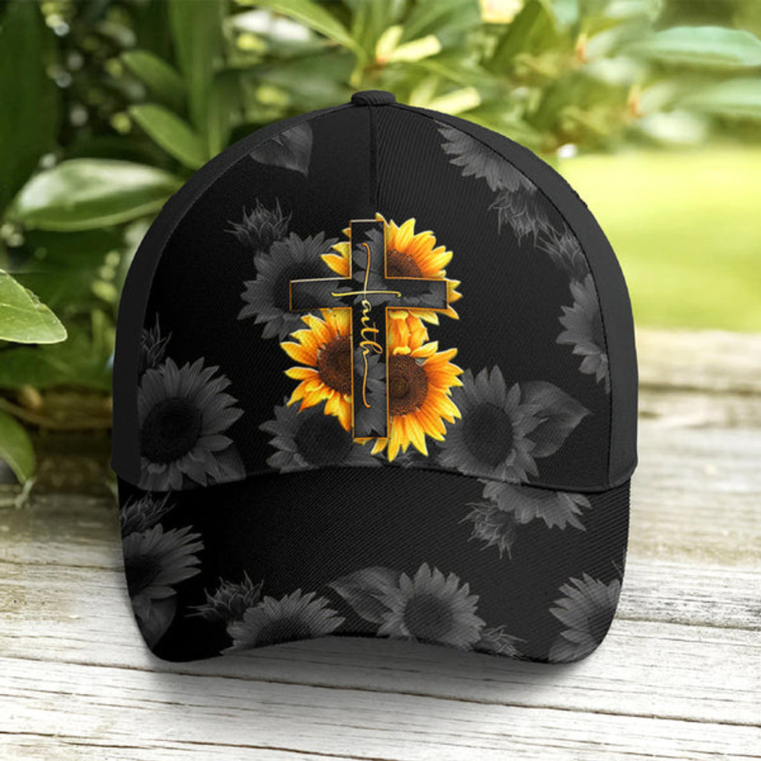 FUNSTUFFPRINT Sunflower Faith Floral Black Baseball Cap