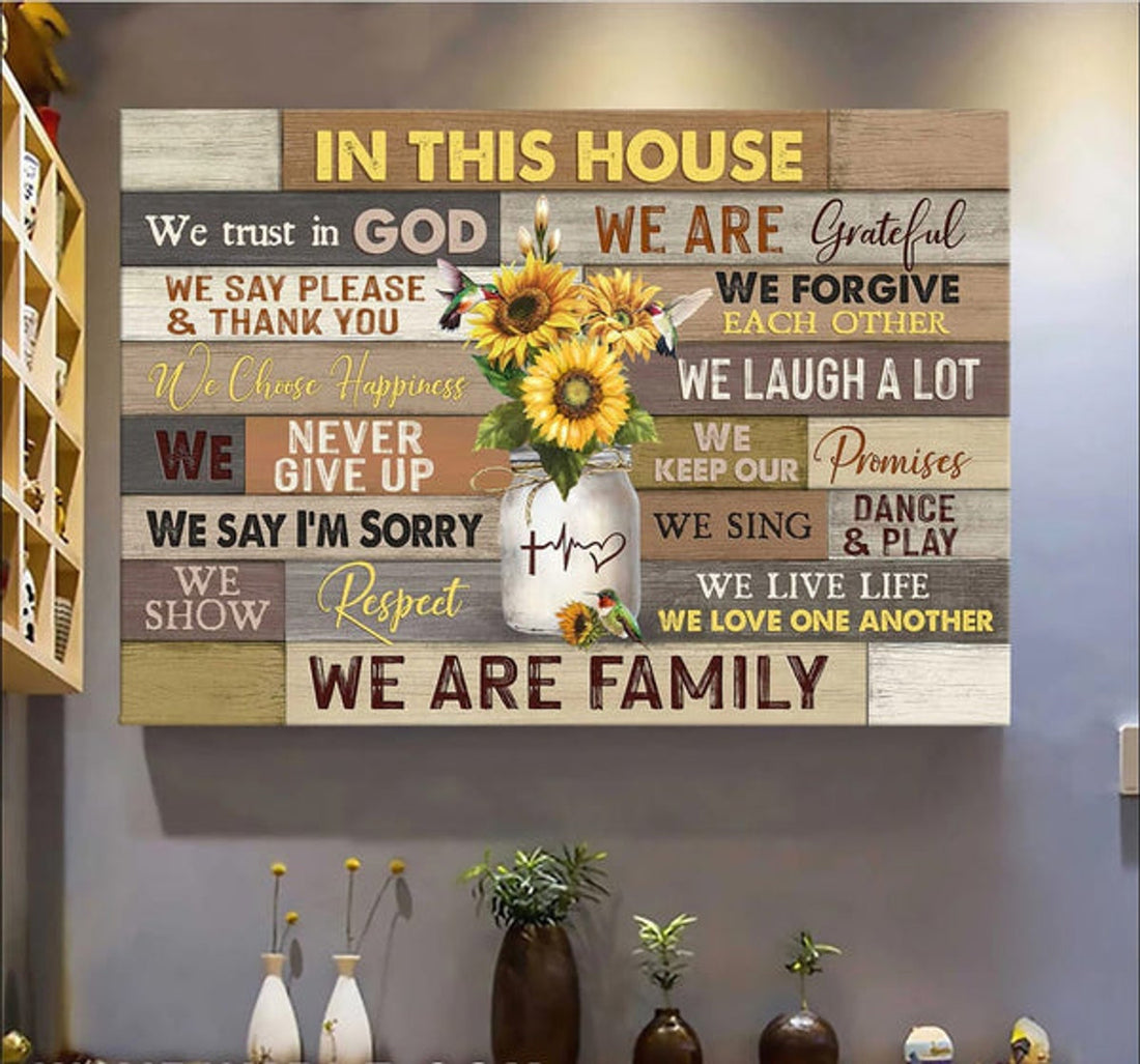 Sunflower Hummingbird In This House We Trust In God Canvas Wall Art - Christian Poster - Religious Wall Decor