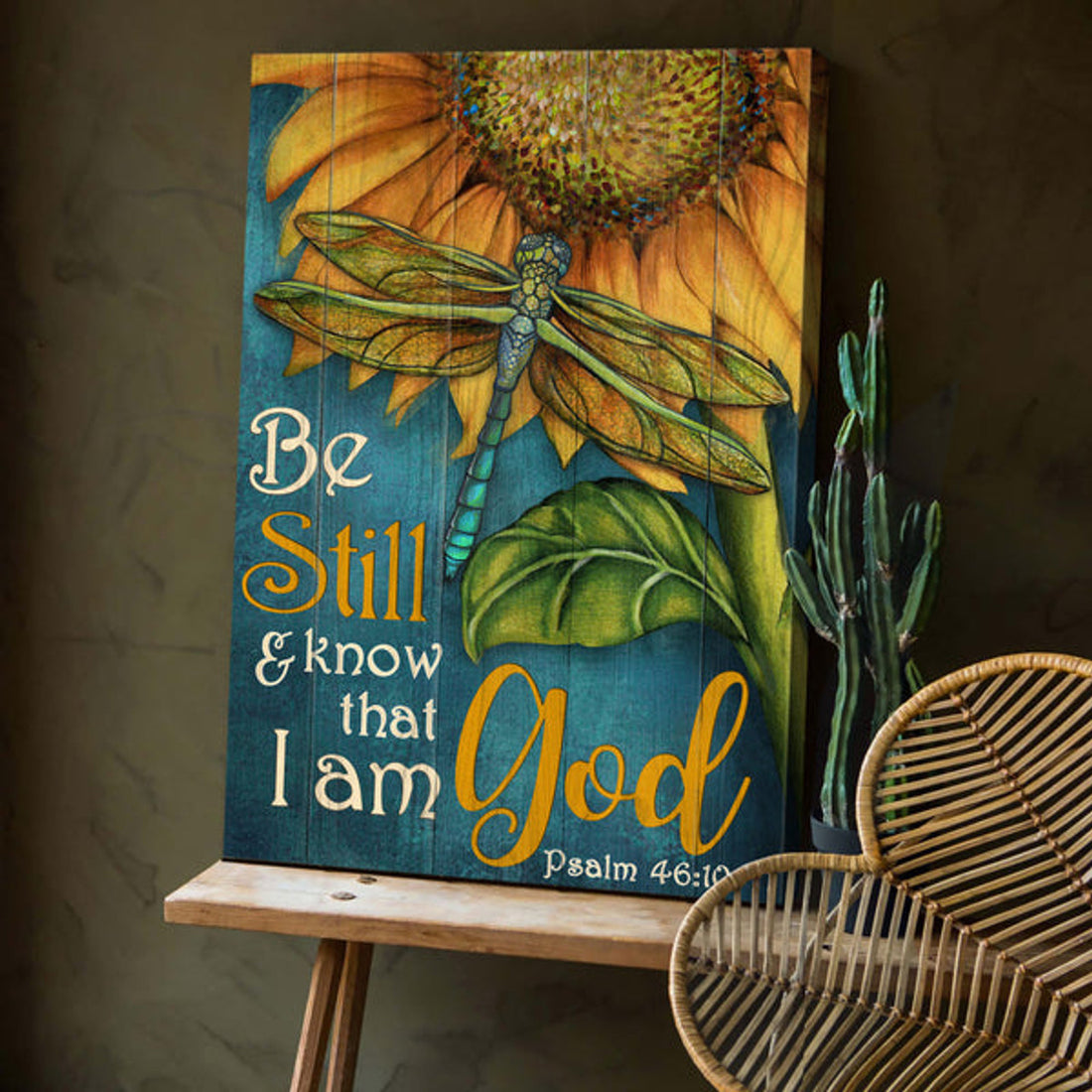 Sunflower Painting Dragonfly Be Still And Know That I Am God Canvas Wall Art - Christian Wall Posters - Religious Wall Decor