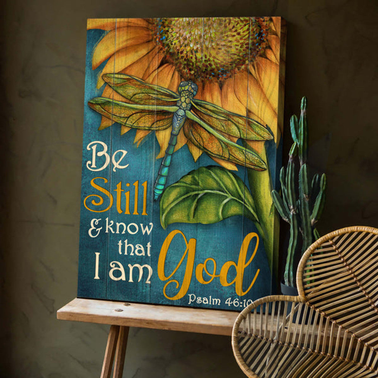 Sunflower Painting Dragonfly Be Still And Know That I Am God Canvas Wall Art - Christian Wall Posters - Religious Wall Decor