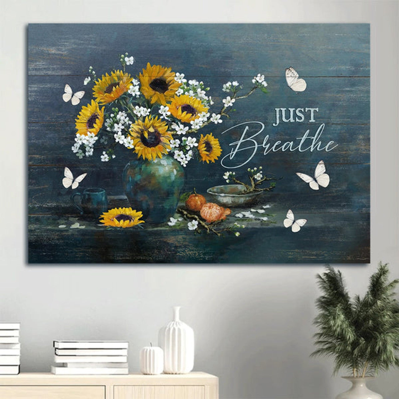 Sunflower Painting White Butterfly Motivational Quote Canvas Wall Art - Christian Wall Decor