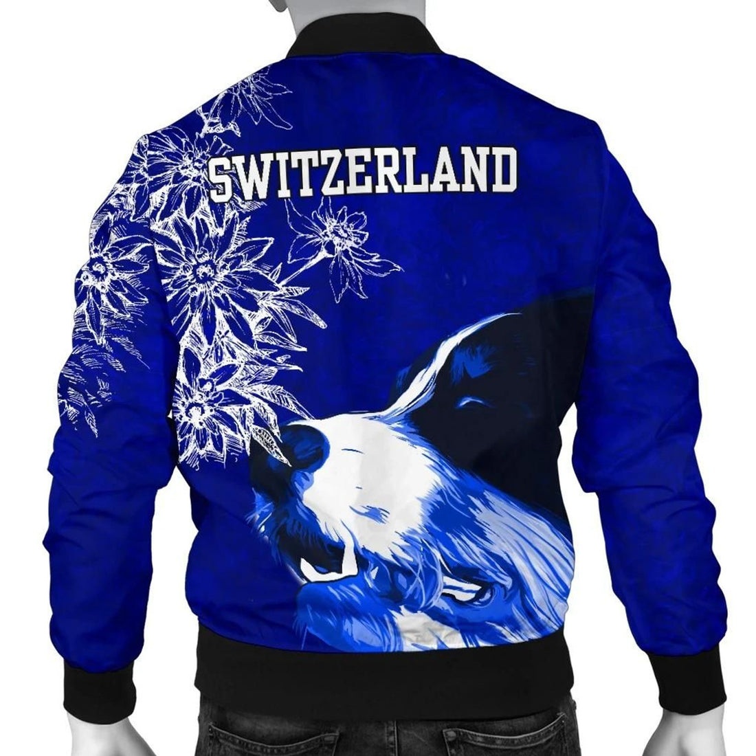 FUNSTUFFPRINT Switzerland Men's Bomber Jacket Bernese Mountain Dog and Edelweiss 3D Bomber Jacket