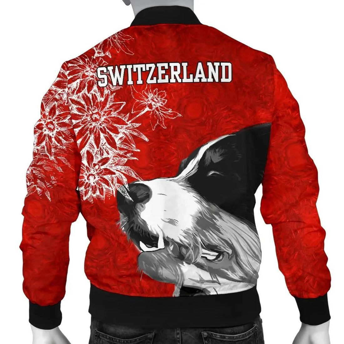FUNSTUFFPRINT Switzerland Men's Bomber Jacket Bernese Mountain Dog and Edelweiss 3D Bomber Jacket