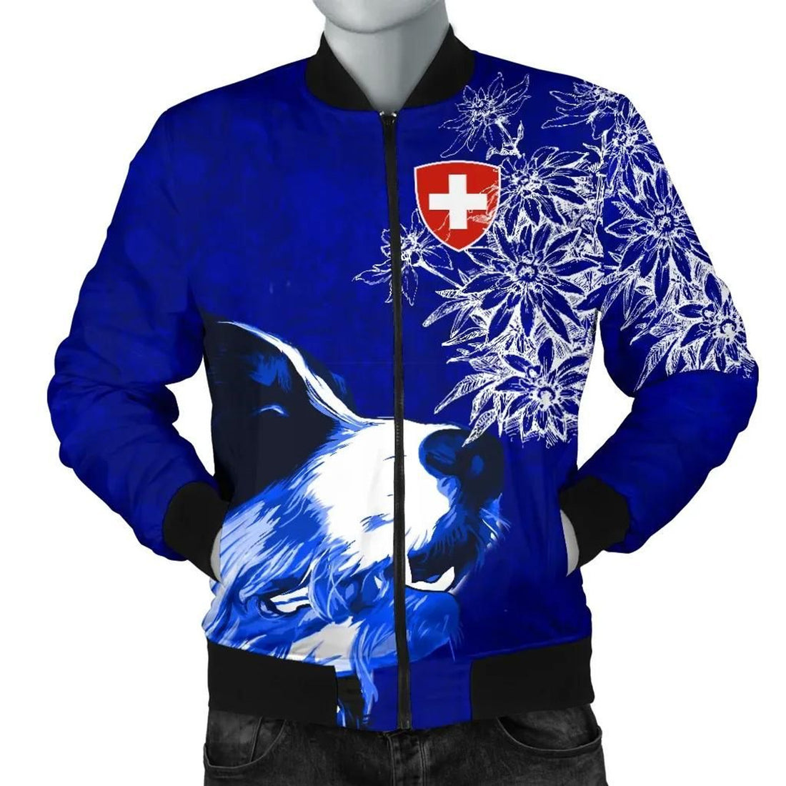FUNSTUFFPRINT Switzerland Men's Bomber Jacket Bernese Mountain Dog and Edelweiss 3D Bomber Jacket