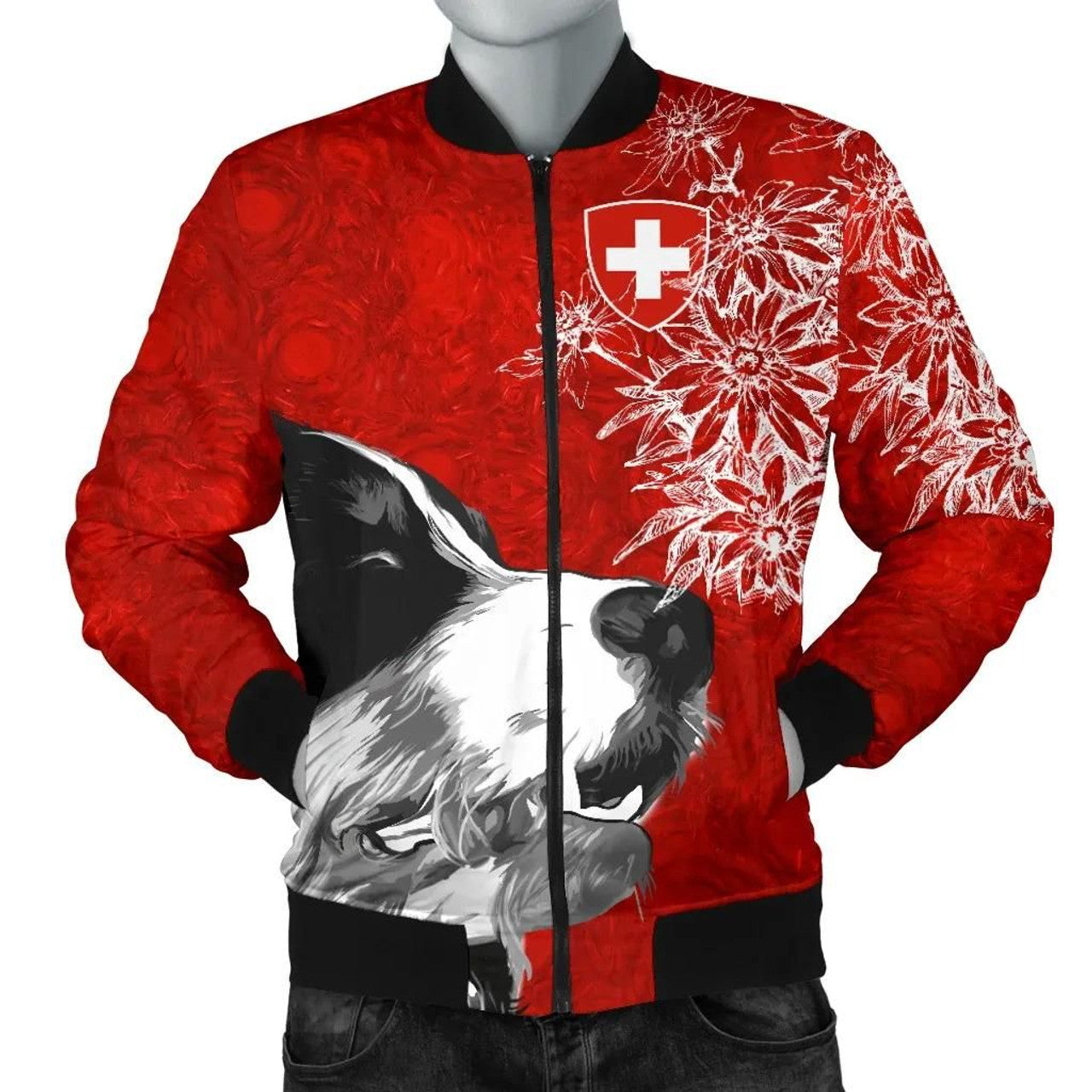FUNSTUFFPRINT Switzerland Men's Bomber Jacket Bernese Mountain Dog and Edelweiss 3D Bomber Jacket