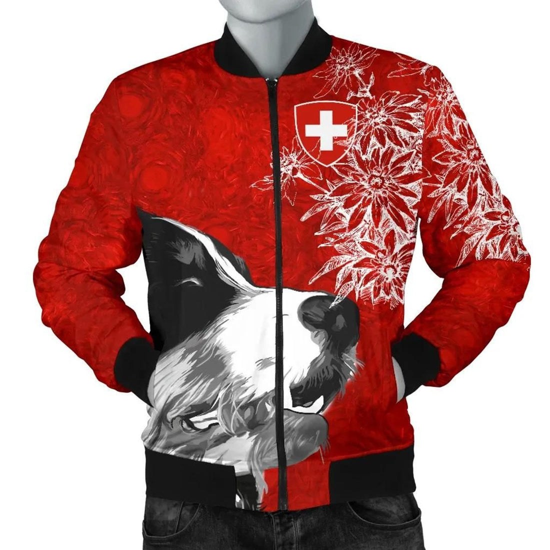 FUNSTUFFPRINT Switzerland Men's Bomber Jacket Bernese Mountain Dog and Edelweiss 3D Bomber Jacket