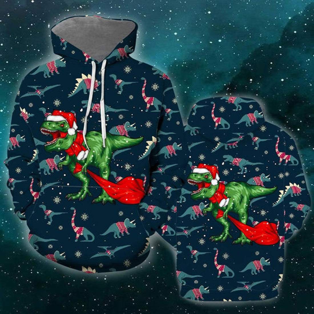 FUNSTUFFPRINT 3D T-Rex Christmas All Over 3D Hoodie and Zip Hoodie