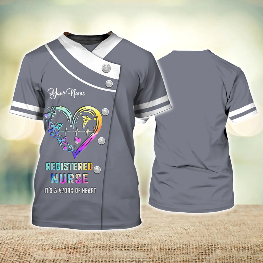 FUNSTUFFPRINT Registered Nurse Is A Work At Heart Watercolor Grey Ver Personalized Name 3D T-Shirt