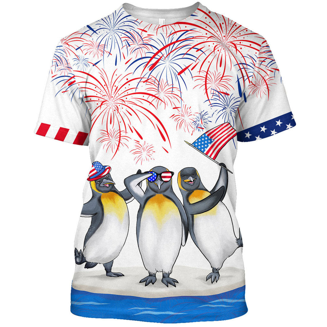 FUNSTUFFPRINT Penguins 3D T-Shirt, Patriotic Funny Shirt, Penguin Independence Day Shirts 3D T-shirt