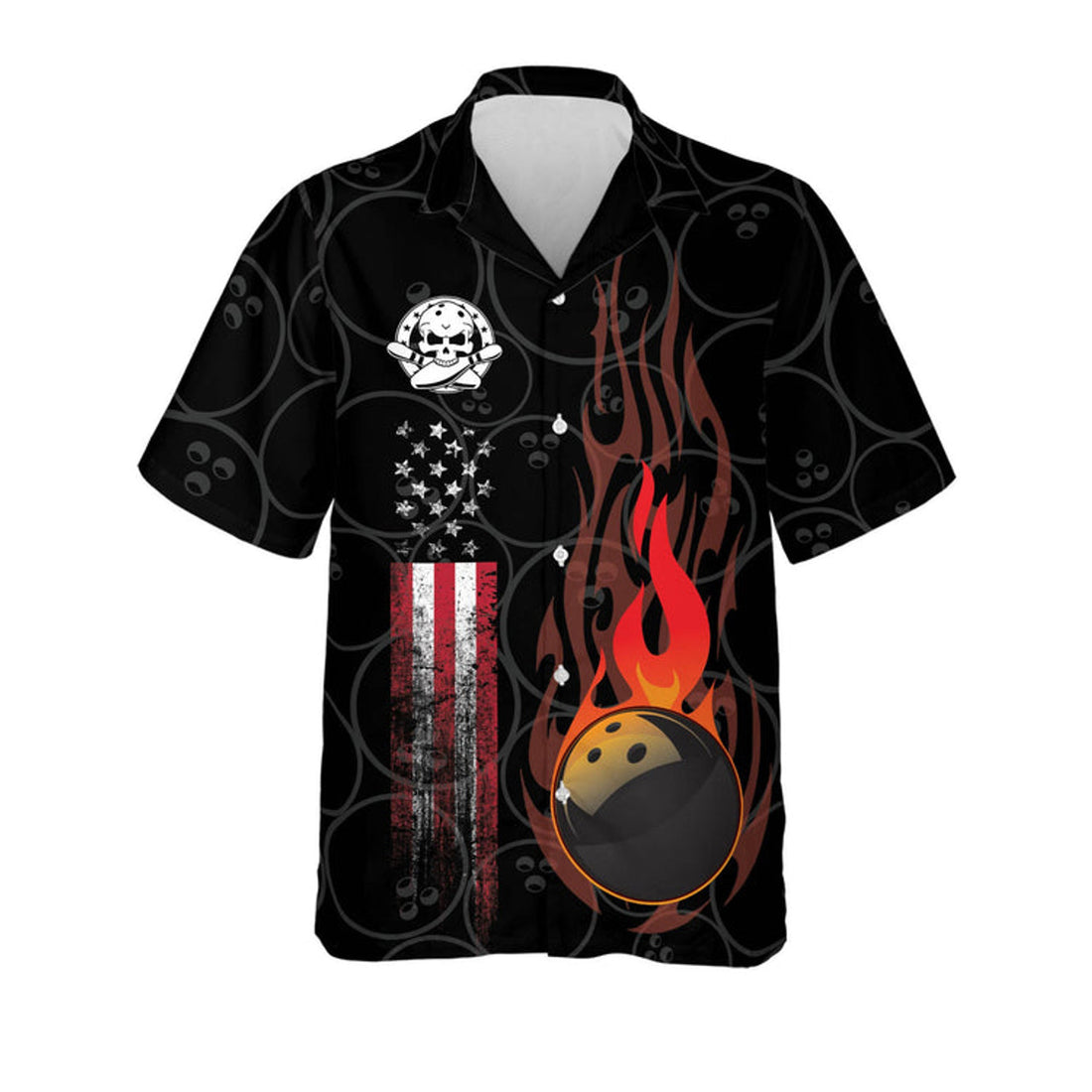 Custom Funny Flame Skull Bowling Team Button-Down Short Sleeve, Skull Bowling Hawaiian Shirt