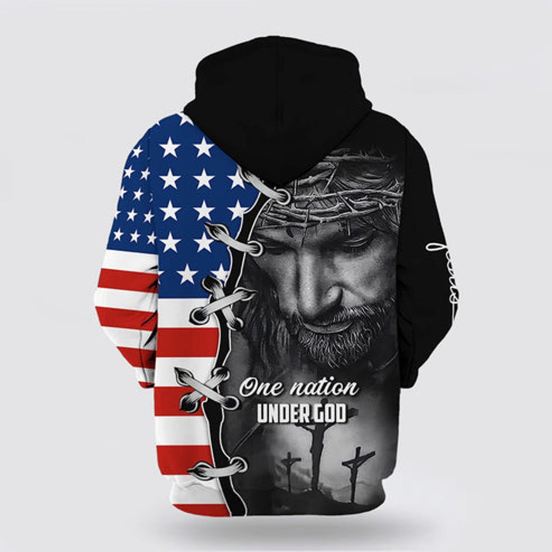 FUNSTUFFPRINT 3D Three Crosses One Nation Under God Jesus Wreath American Flag 3D Hoodie and Zip Hoodie