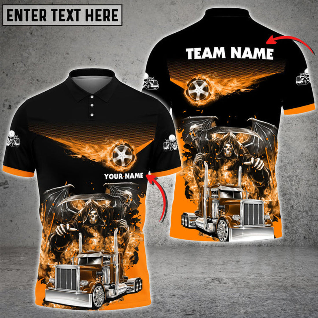 Personalized Truck Chasing Flame Skeleton Multicolor Personalized Name Polo Shirt For Truck Driver