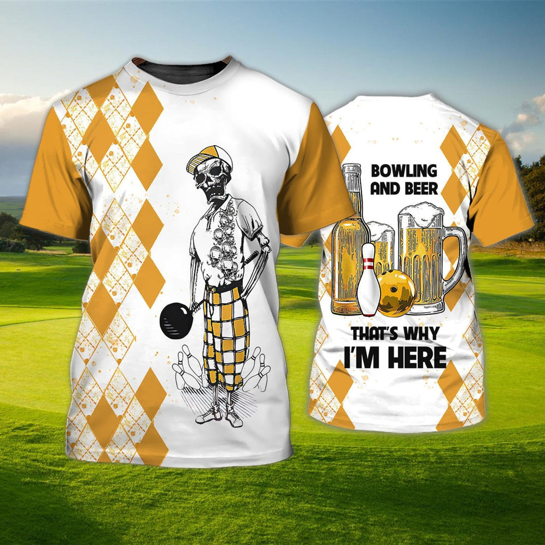 FUNSTUFFPRINT 3D Full Printed Bowling And Beer T-Shirt For Men, Funny Bowling Shirts, Skull Bowling 3D T-shirt