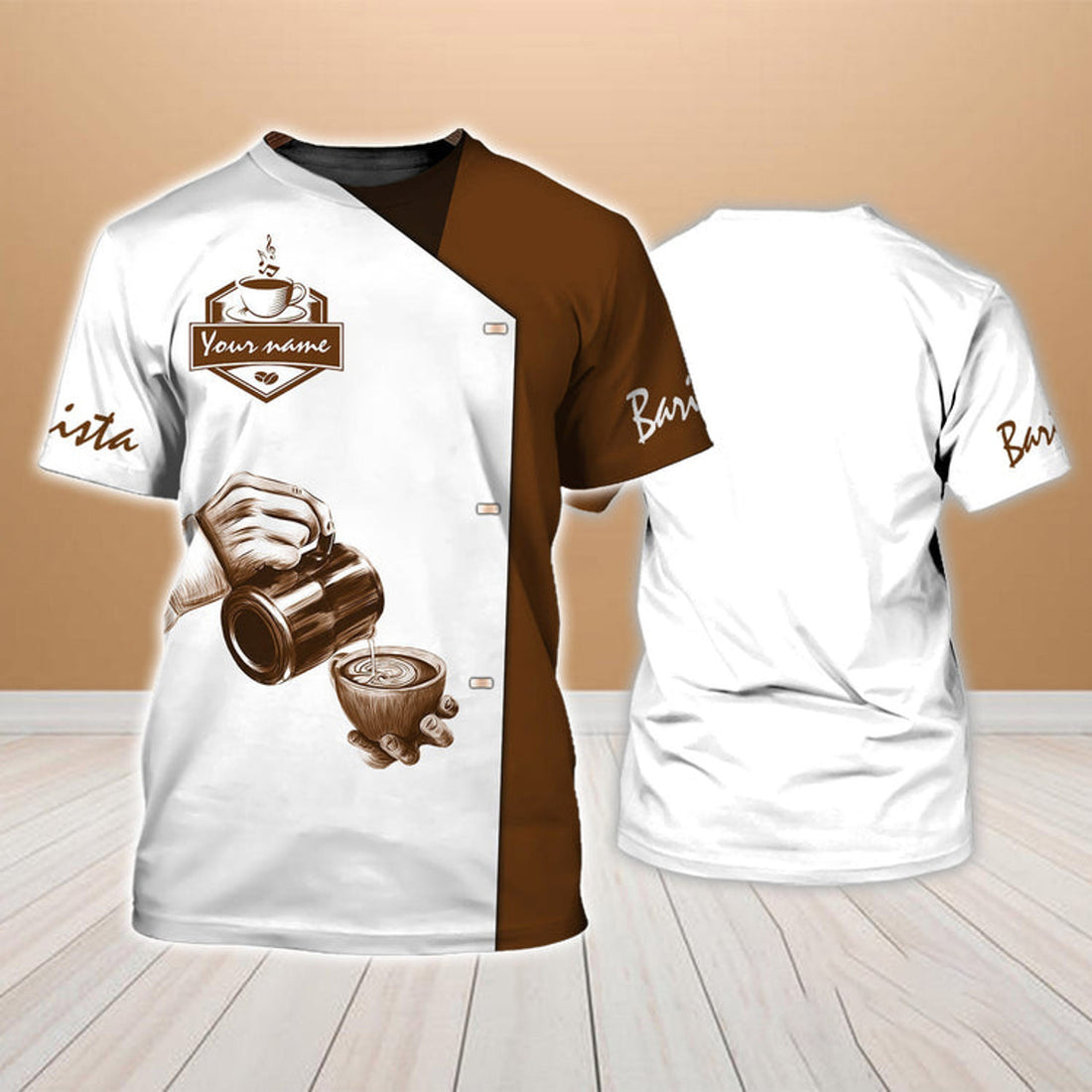FUNSTUFFPRINT Customized Barista Brown T-Shirt Barista Hand Drawing Uniform Gift For Bartender Barista 3D T-shirt