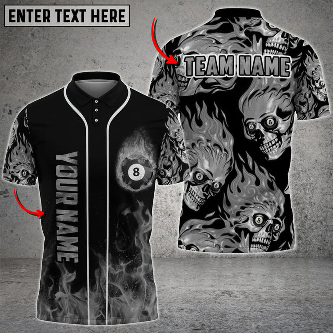 Custom Billiards Ball 8 Skull Fire Multicolor Options Personalized Name 3D Polo Shirt