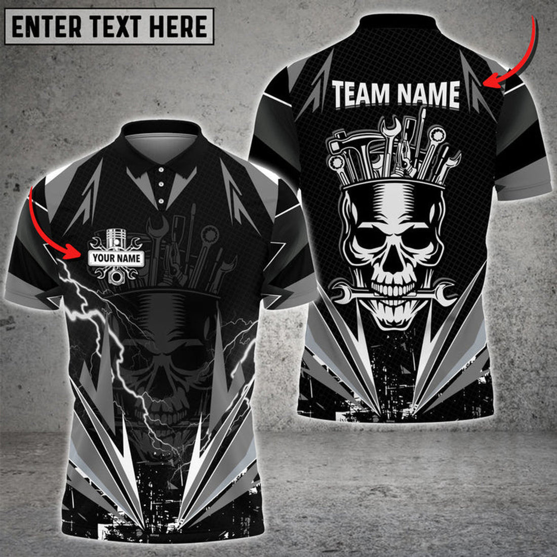 Personalized Auto Mechanic Thunder Skull Custom Name Multi Color Printed 3D Polo Shirt