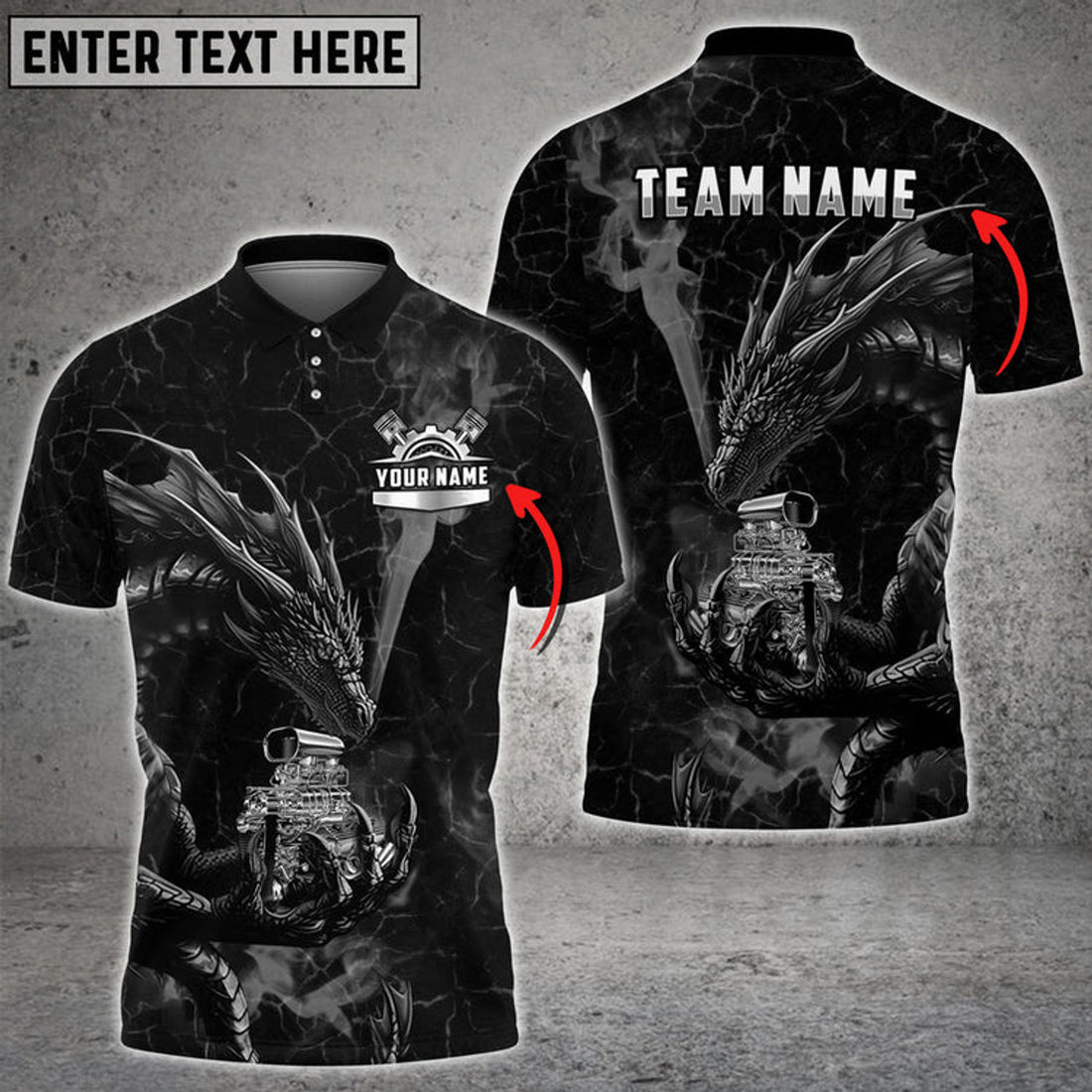 Personalized Mechanic Dragon V8 Engine Custom Name Multi Color Printed 3D Polo Shirt