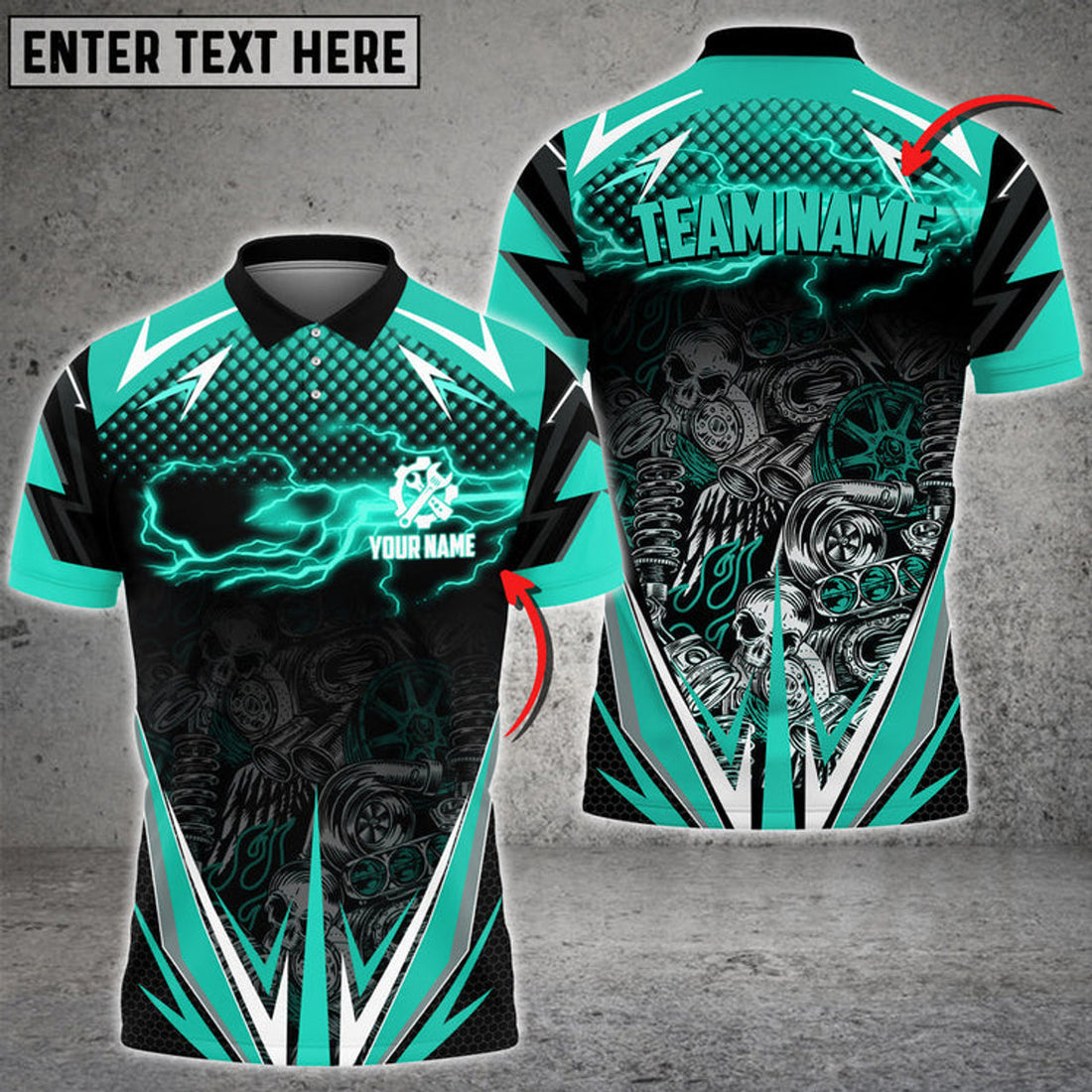 Custom Mechanic Thunder and Skull Pattern Custom Name Multi Color Printed 3D Polo Shirt