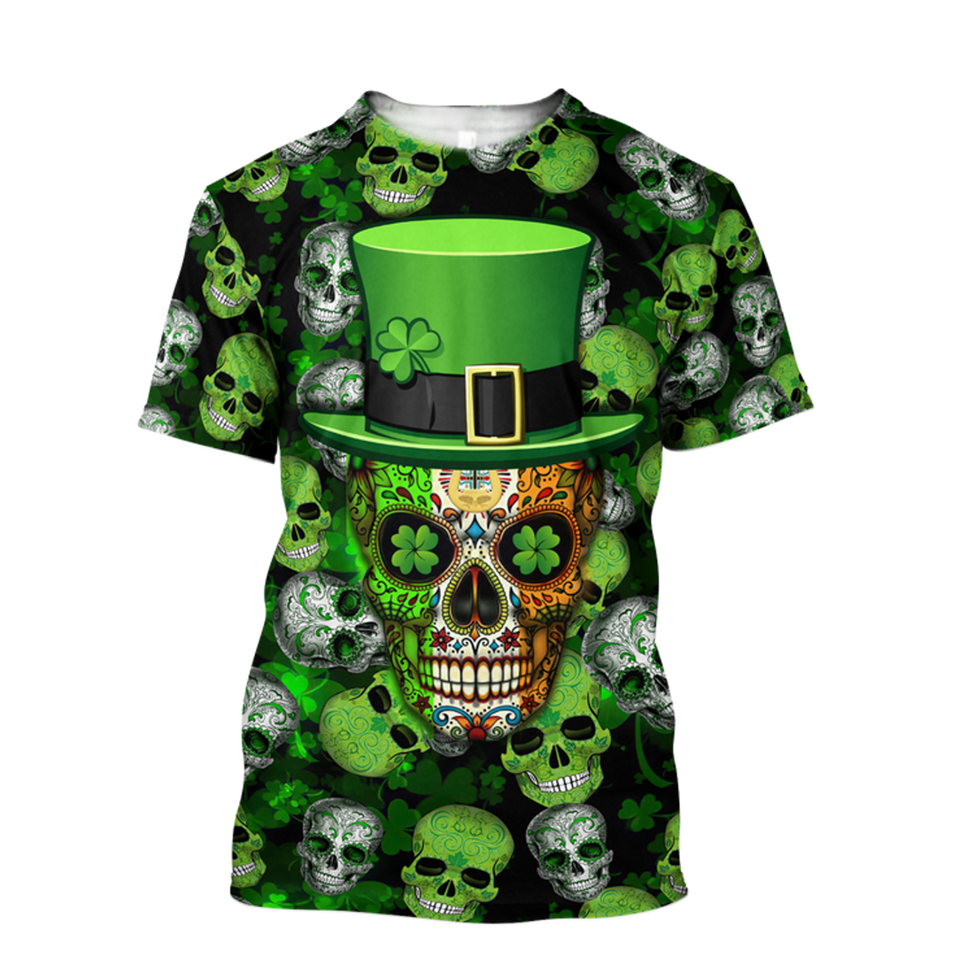 FUNSTUFFPRINT Shamrock Skull Flag Pattern St.Patrick Day All Over Printed Shirt, Happy Saint Patrick's Day For Irish Man 3D T-shirt