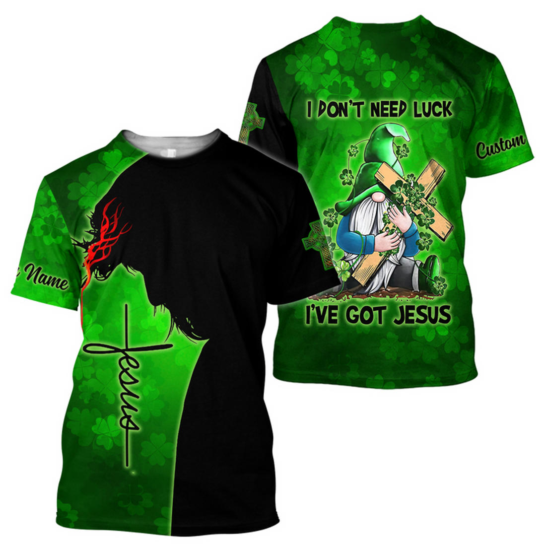 FUNSTUFFPRINT Personalized Irish Jesus Unisex Shirt For Man and Women, I Don't Need Luck I've Got Jesus Gnome Patrick Day Shirt 3D T-shirt