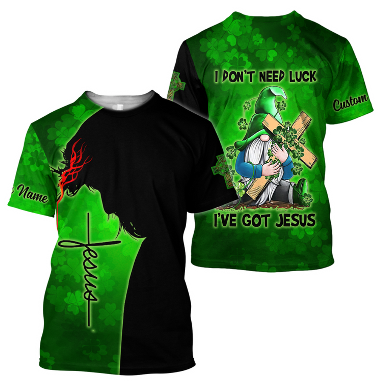 FUNSTUFFPRINT Personalized Irish Jesus Unisex Shirt For Man and Women, I Don't Need Luck I've Got Jesus Gnome Patrick Day Shirt 3D T-shirt