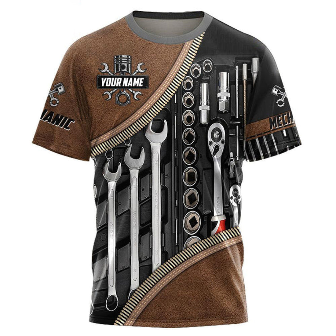 FUNSTUFFPRINT Personalized Name Mechanic Unisex Shirts with Leather patten, 3D Mechanic Shirt, Mechanician Shirts 3D T-shirt