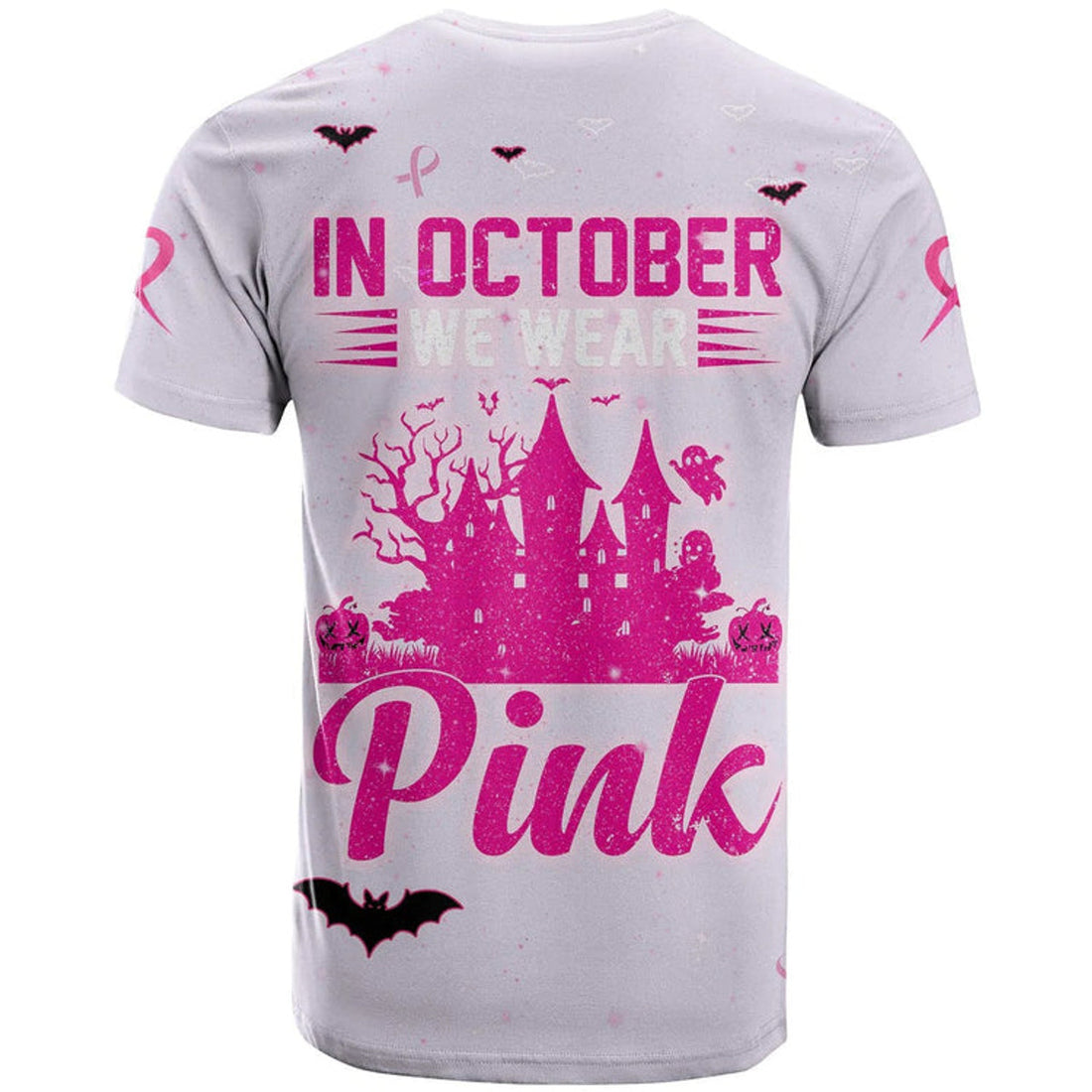 FUNSTUFFPRINT 3D All Over Print Breast Cancer T-Shirt In October We Wear PINK Halloween Castle Pink 3D T-shirt