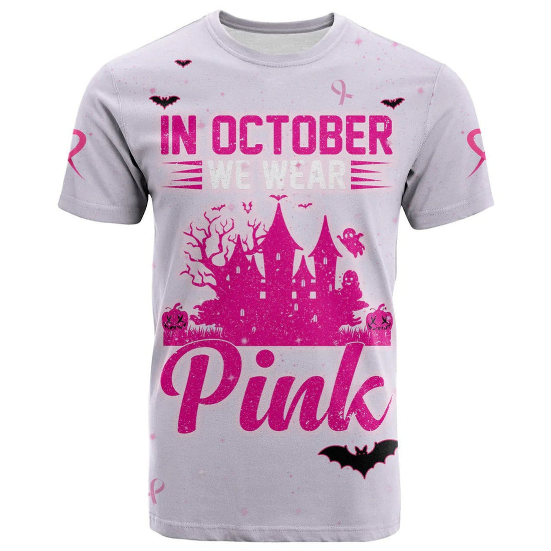 FUNSTUFFPRINT 3D All Over Print Breast Cancer T-Shirt In October We Wear PINK Halloween Castle Pink 3D T-shirt