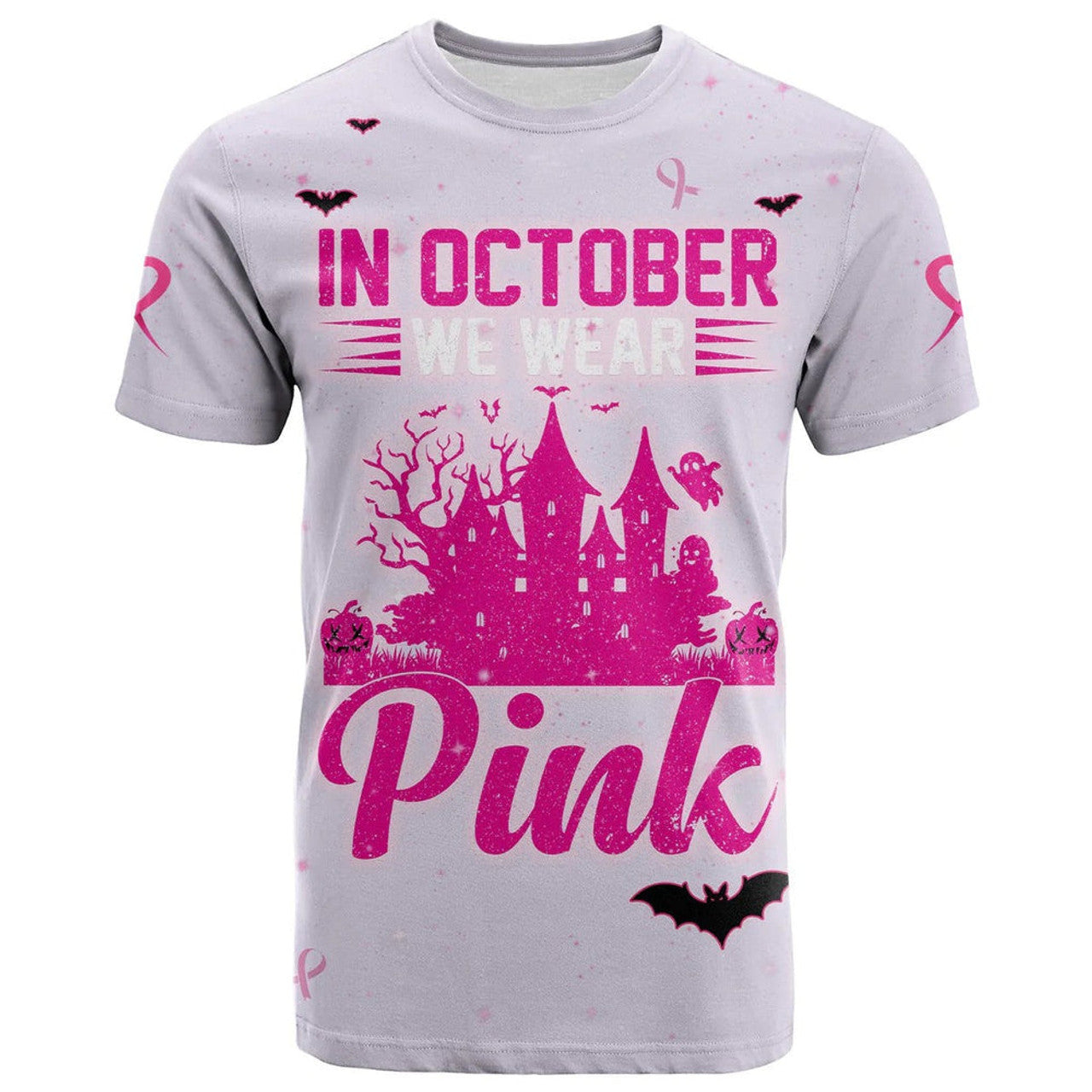 FUNSTUFFPRINT 3D All Over Print Breast Cancer T-Shirt In October We Wear PINK Halloween Castle Pink 3D T-shirt