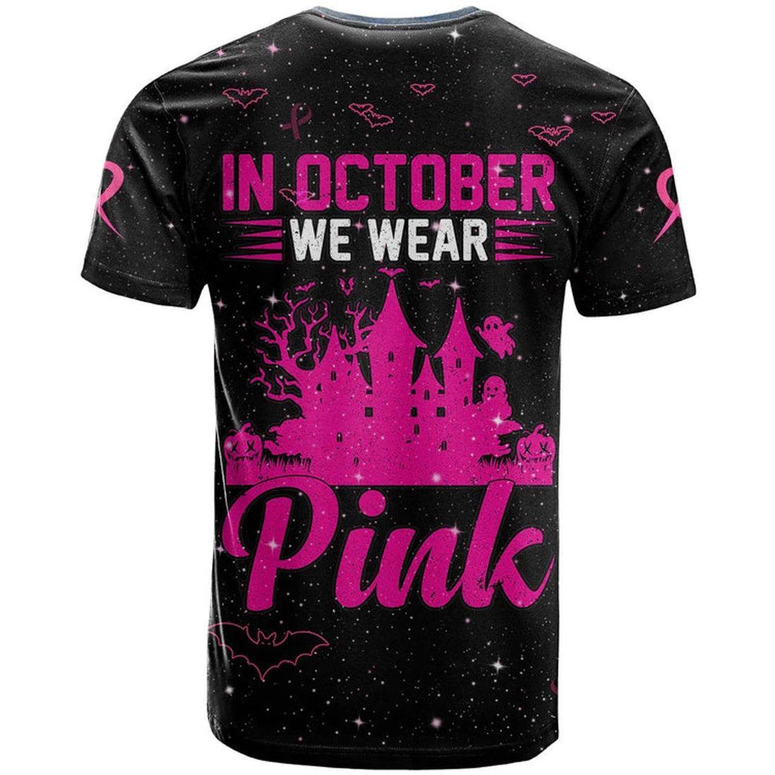 FUNSTUFFPRINT 3D All Over Print Breast Cancer T-Shirt In October We Wear PINK Halloween Castle Black 3D T-shirt