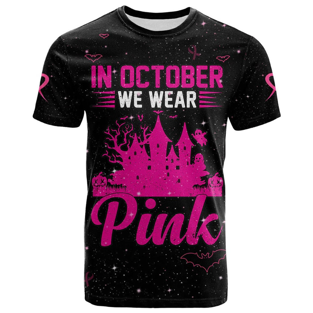 FUNSTUFFPRINT 3D All Over Print Breast Cancer T-Shirt In October We Wear PINK Halloween Castle Black 3D T-shirt