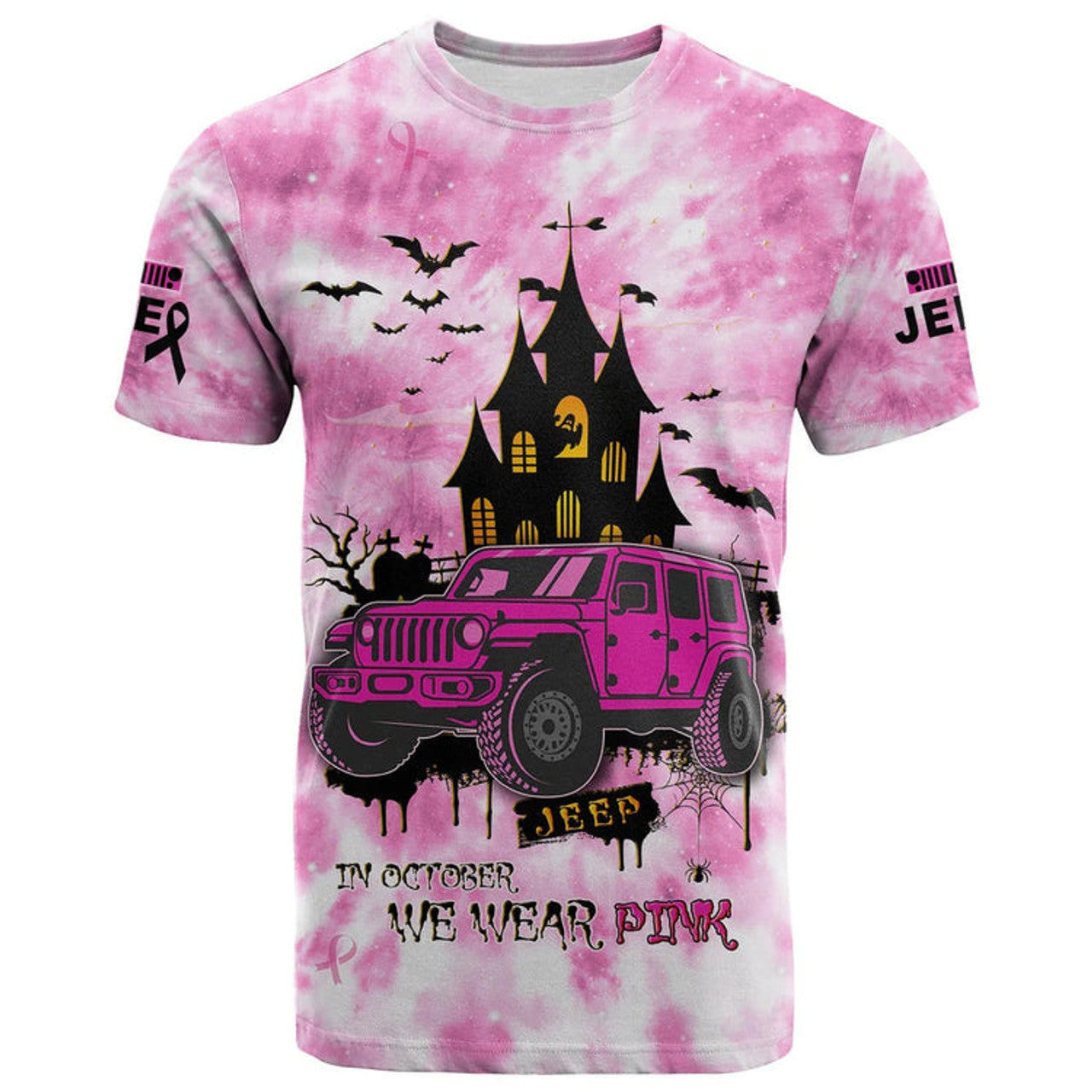 FUNSTUFFPRINT JEE Car Breast Cancer Shirt. T-Shirt Tie Dye Halloween In October We Wear Pink 3D T-shirt