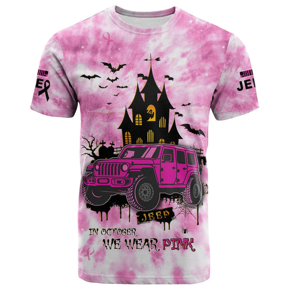 FUNSTUFFPRINT JEE Car Breast Cancer Shirt. T-Shirt Tie Dye Halloween In October We Wear Pink 3D T-shirt
