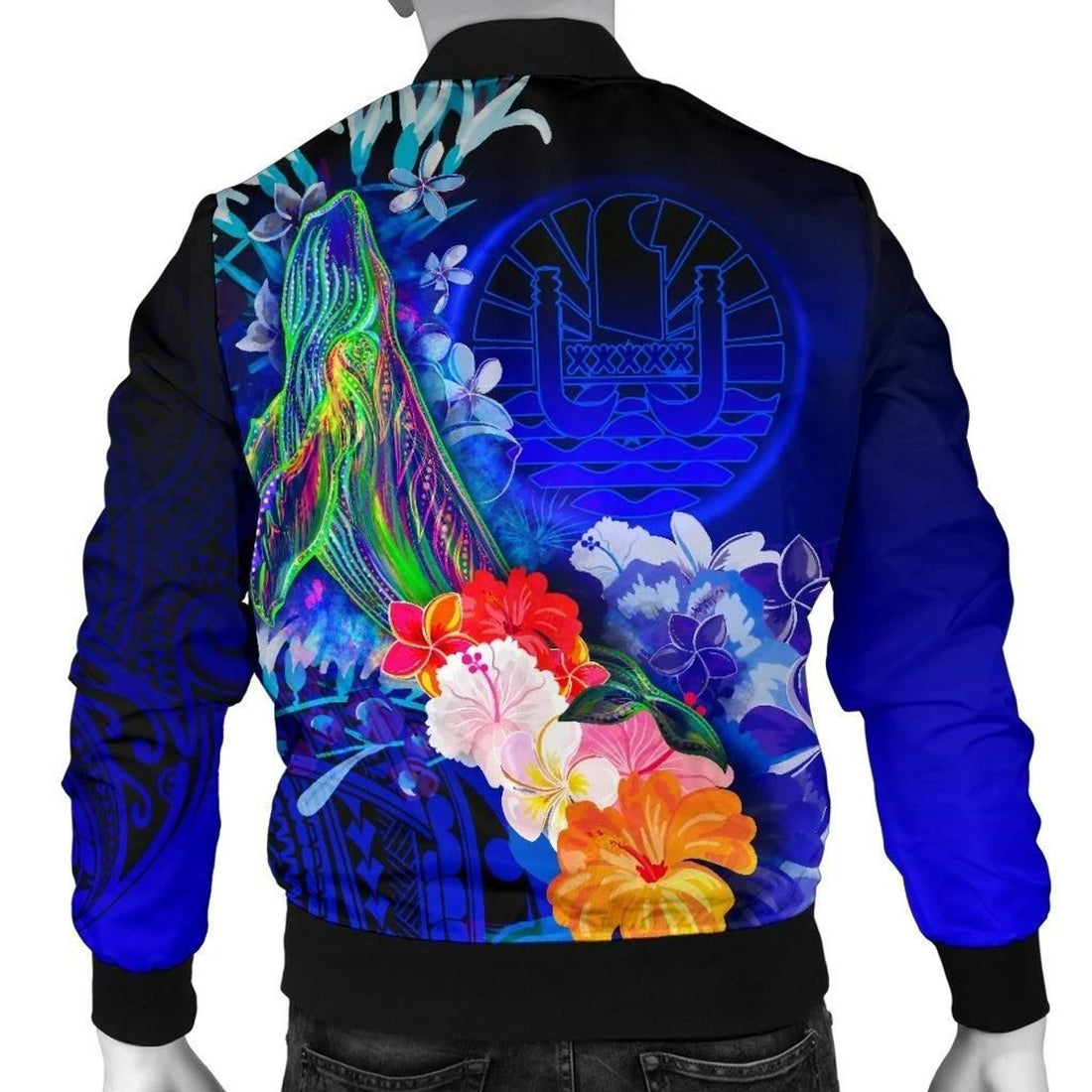 FUNSTUFFPRINT Tahiti Custom Personalised Men's Bomber Jacket - Humpback Whale with Tropical Flowers (Blue)- 3D Bomber Jacket