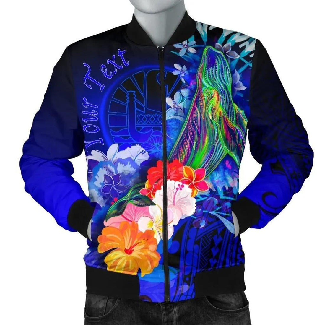 FUNSTUFFPRINT Tahiti Custom Personalised Men's Bomber Jacket - Humpback Whale with Tropical Flowers (Blue)- 3D Bomber Jacket