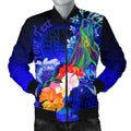 FUNSTUFFPRINT Tahiti Custom Personalised Men's Bomber Jacket - Humpback Whale with Tropical Flowers (Blue)- 3D Bomber Jacket